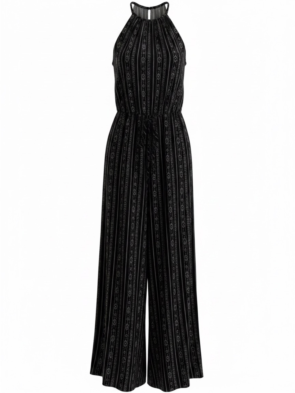Halter-Neck Striped Wide-Leg Jumpsuit in Black